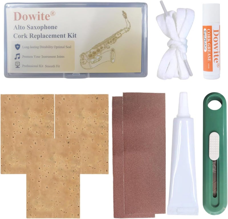 Dowite Alto Saxophone Cork Replacement Kit - 40mm x 60mm Corks 3 PCS, Blade, Rope, Sandpaper 2 PCS, Cork Grease,Adhesive - DIY Maintenance & Repair for Alto Sax - Image 1
